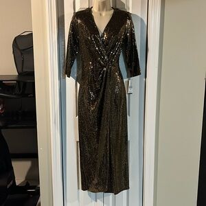 Gold knit sequins faux wrap maxi gown, Size 4p